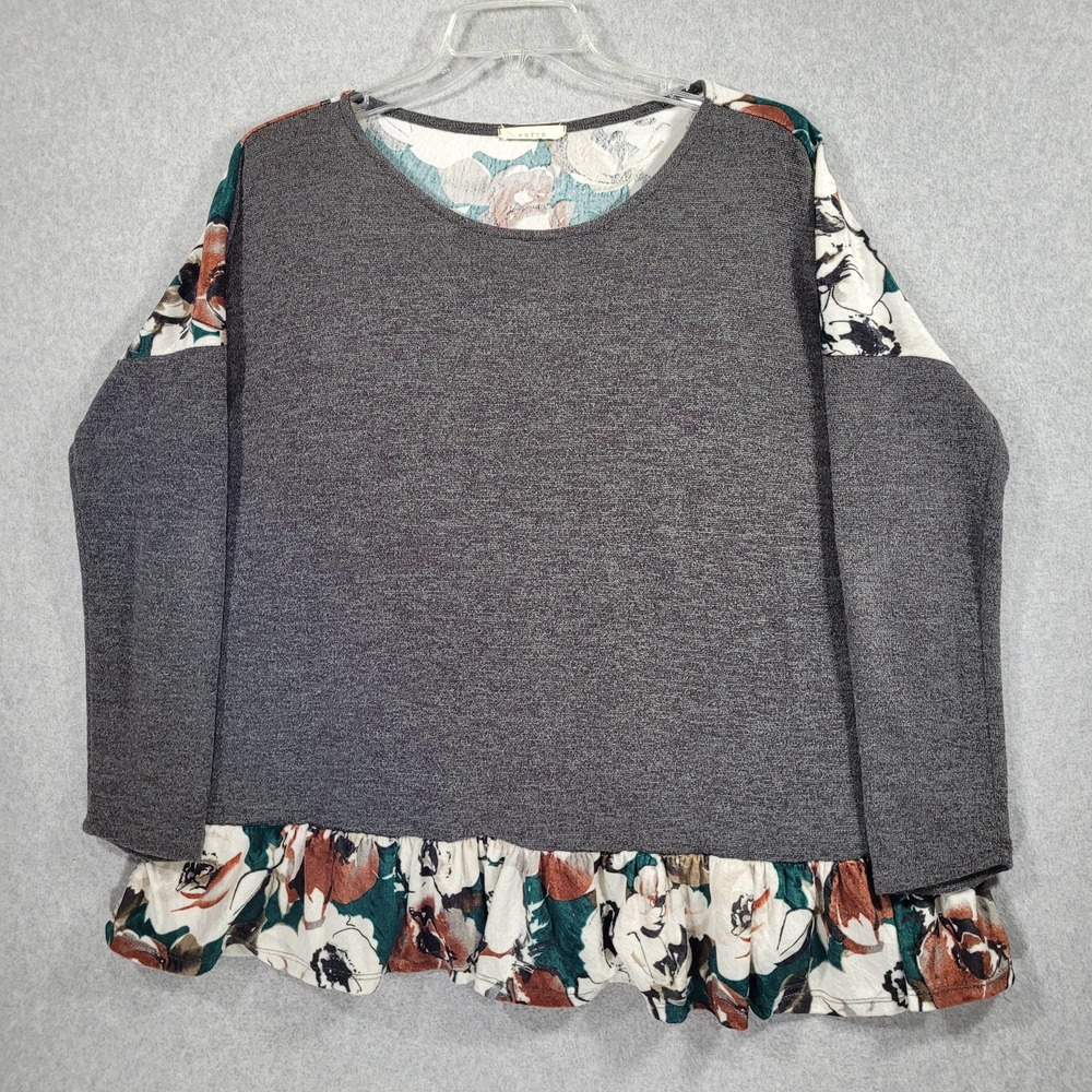 Entro Top Womens 2X/3X Mixed Fabric Floral Velour Solid Grey Knit Ruffle Hem